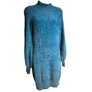 teal fuzzy knit sweater dress with long sleeves and a mock or turtleneck small